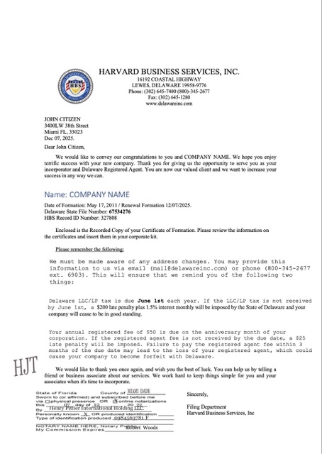 USA Delaware registration certificate Word and PDF template, version 2